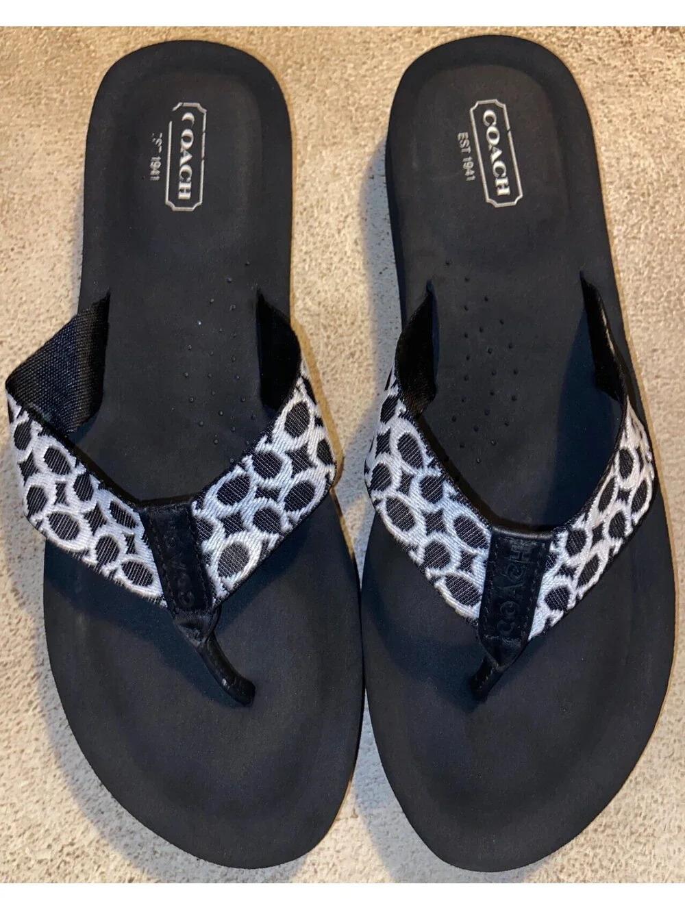 COACH Jessalyn Women's Black Signature C Jacquard Wedge Thong Flip Flop Sandals